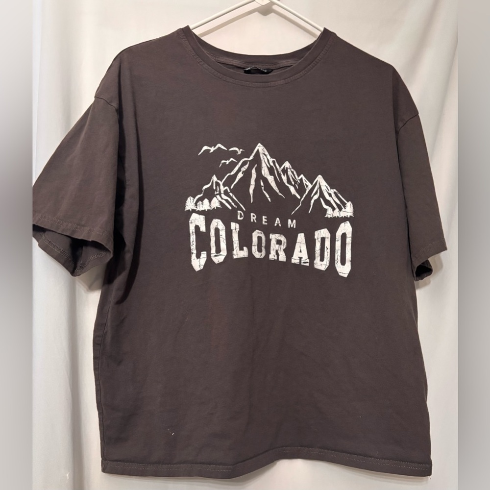 SHEIN Oversized Brown Short Sleeve Tee with Mountain Graphic